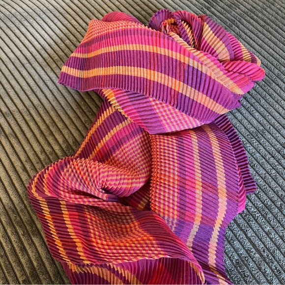 Echo Accessories - Echo | Pleated Sheer Long Scarf | Warm Plaid Purple-Pink-Yellow | 23”x80”